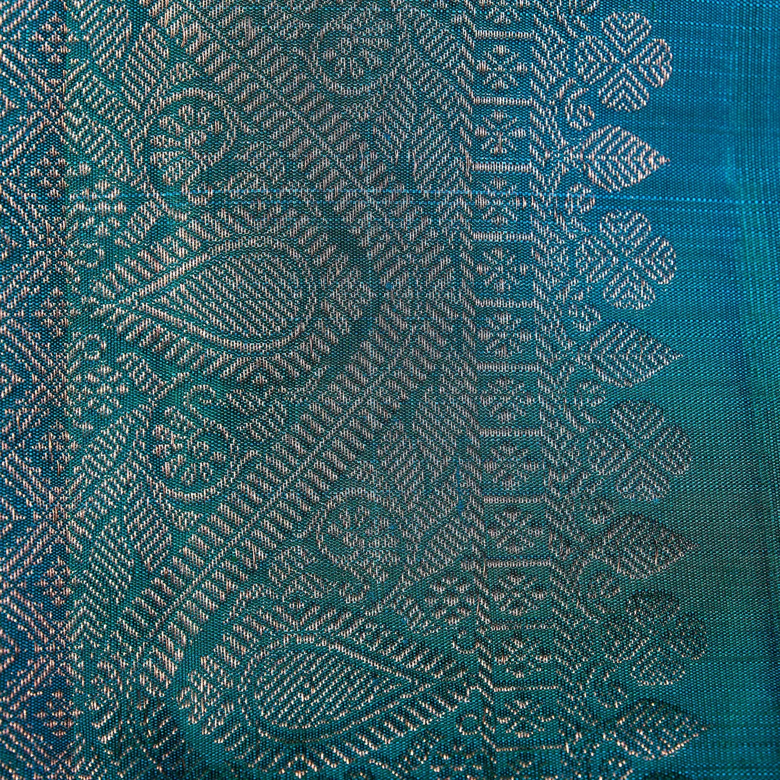 Surya Mayil mustard gold and teal blue Kanchivaram silk saree with zari stripe motifs and contrast pallu – Ethereal Weaves UAE
