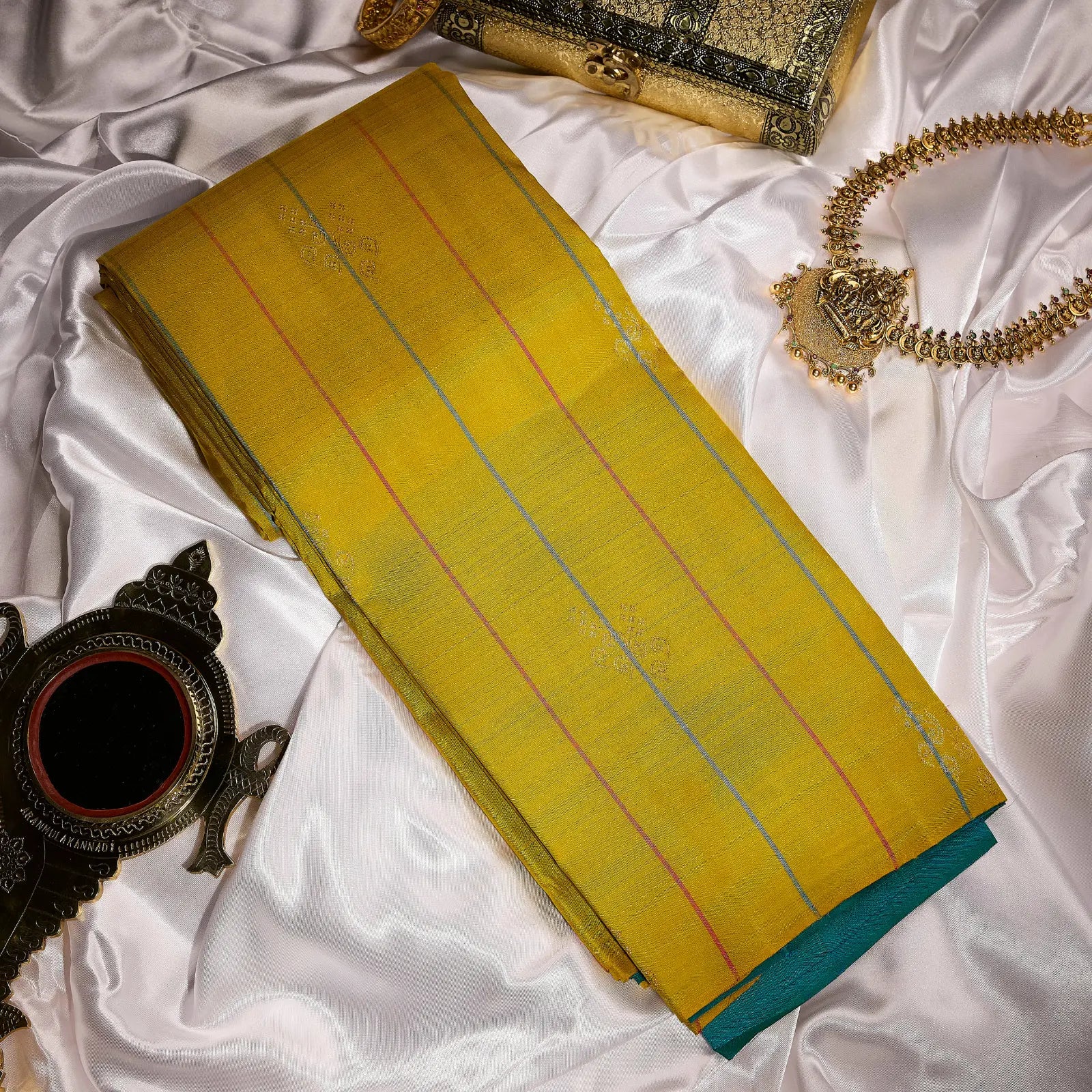 Surya Mayil mustard gold and teal blue Kanchivaram silk saree with zari stripe motifs and contrast pallu – Ethereal Weaves UAE
