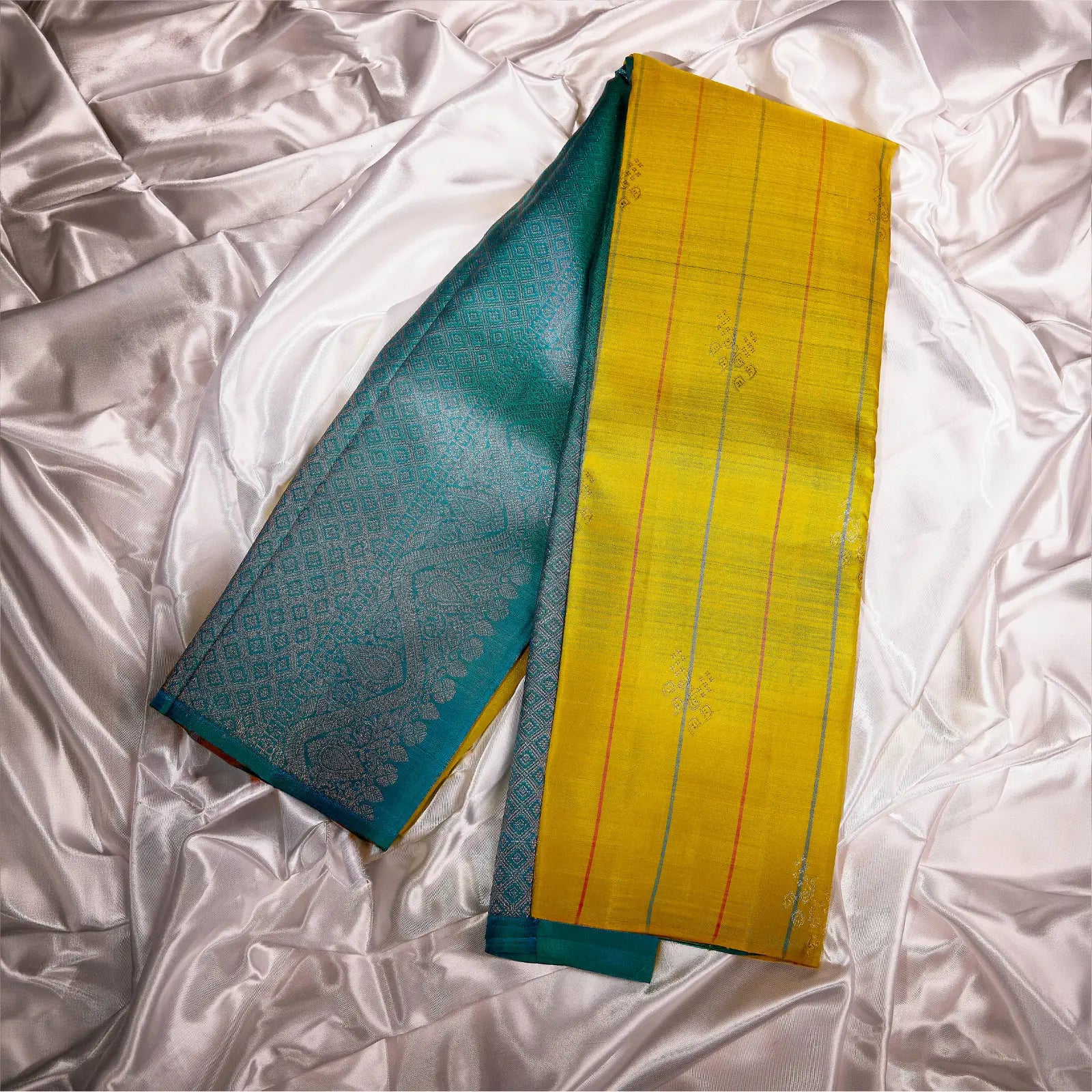 Surya Mayil mustard gold and teal blue Kanchivaram silk saree with zari stripe motifs and contrast pallu – Ethereal Weaves UAE
