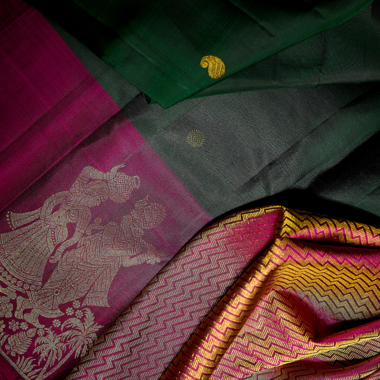 Vaidehi magenta and emerald green Kanchivaram silk saree with Radha Krishna antique gold zari motifs – wedding saree UAE
