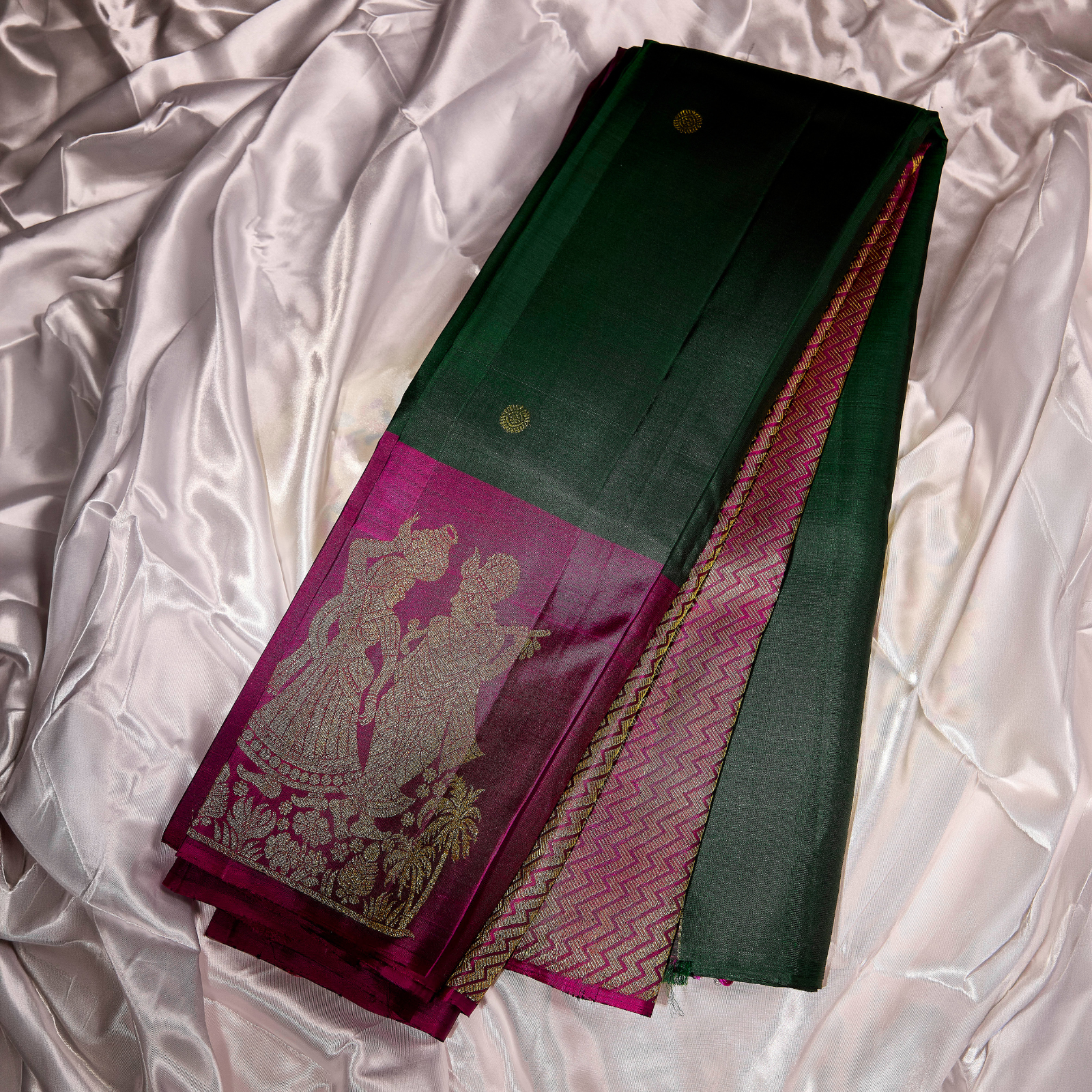 Vaidehi magenta and emerald green Kanchivaram silk saree with Radha Krishna antique gold zari motifs – wedding saree UAE
