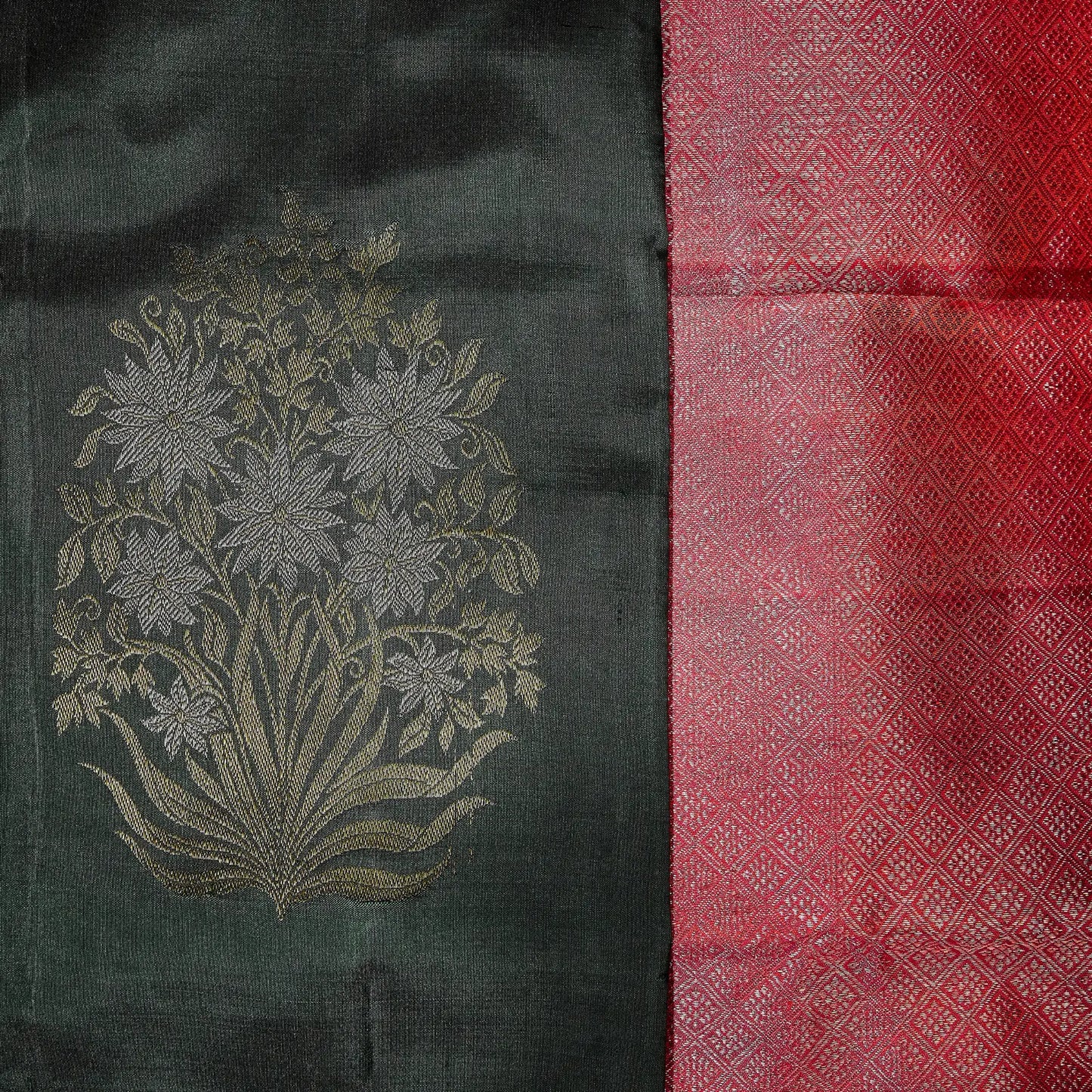 Vanam Ruby forest green and ruby pink Kanchivaram silk saree with intricate floral zari motifs and geometric pallu – saree UAE