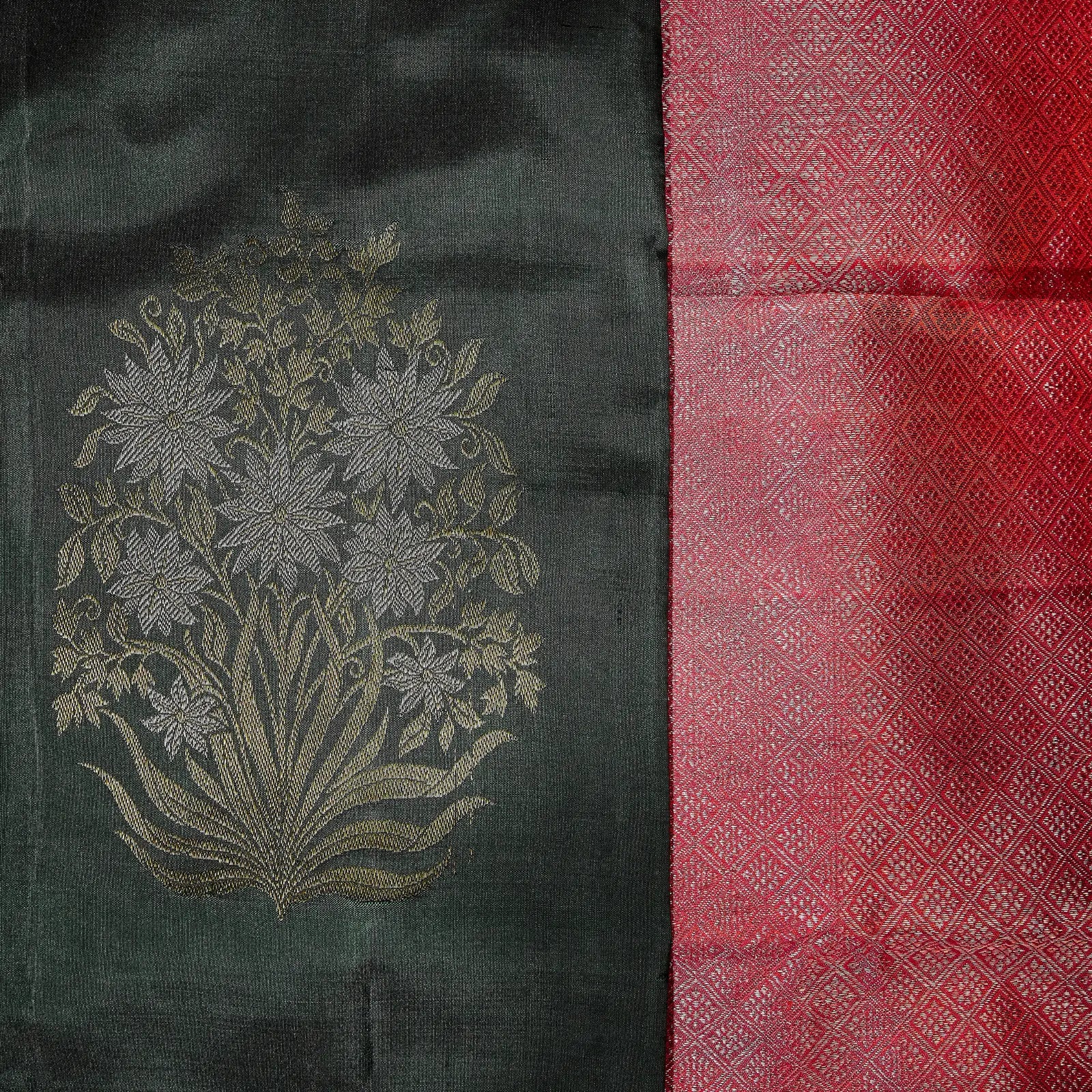 Vanam Ruby forest green and ruby pink Kanchivaram silk saree with intricate floral zari motifs and geometric pallu – saree UAE