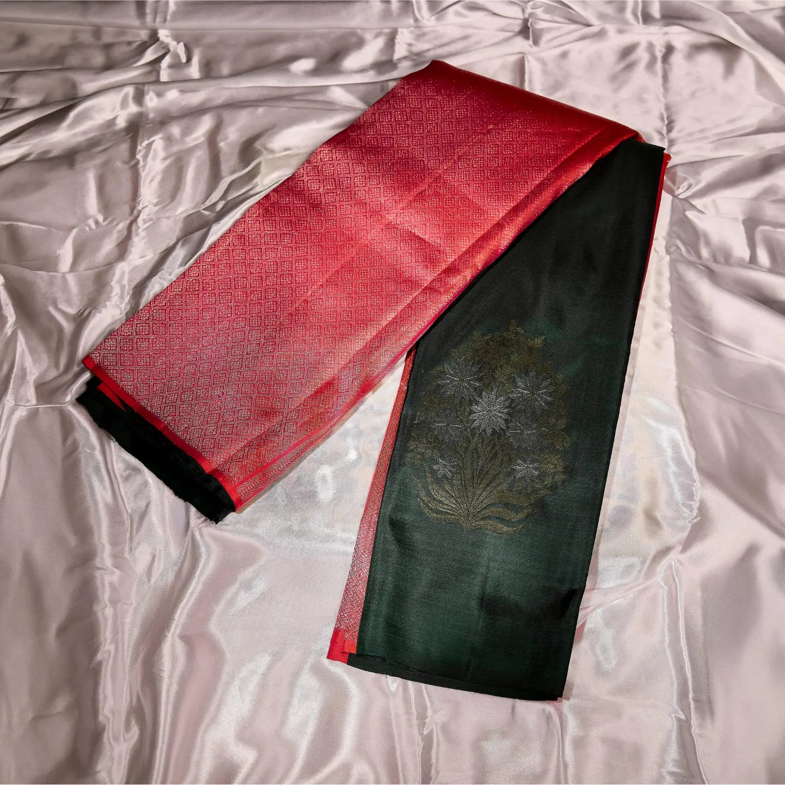 Vanam Ruby forest green and ruby pink Kanchivaram silk saree with intricate floral zari motifs and geometric pallu – saree UAE