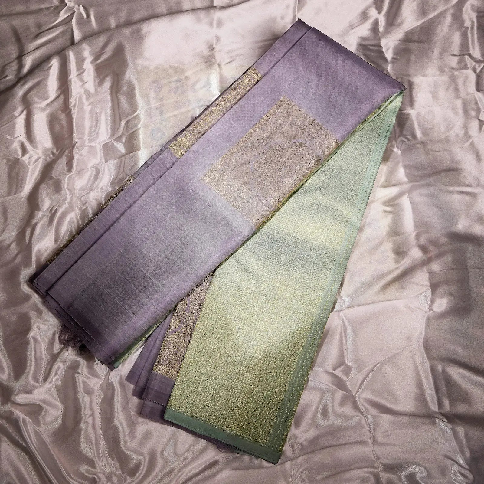 Vanya Lilac lavender grey and sage green Kanchivaram silk saree with mandala zari motifs and geometric pallu – saree UAE