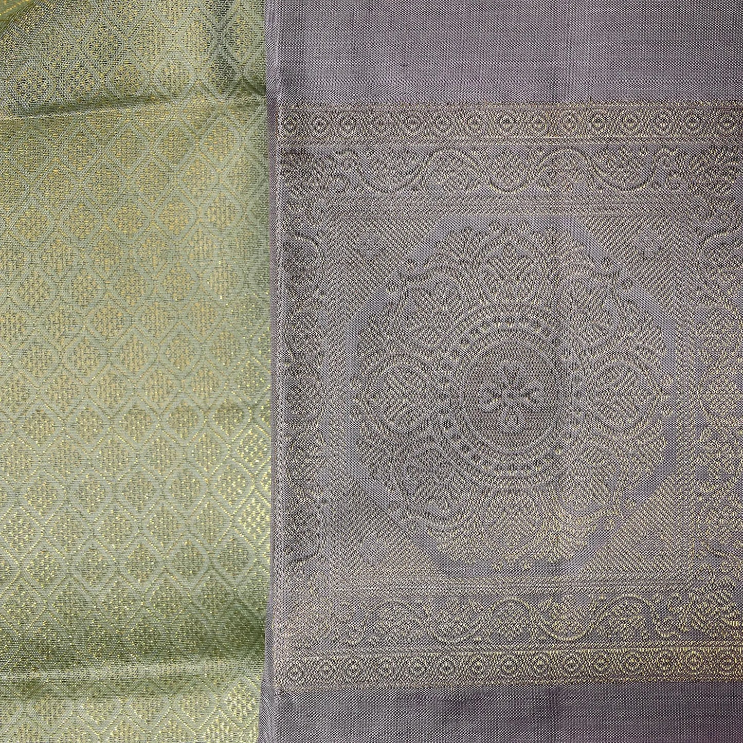 Vanya Lilac lavender grey and sage green Kanchivaram silk saree with mandala zari motifs and geometric pallu – saree UAE