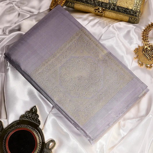 Vanya Lilac lavender grey and sage green Kanchivaram silk saree with mandala zari motifs and geometric pallu – saree UAE